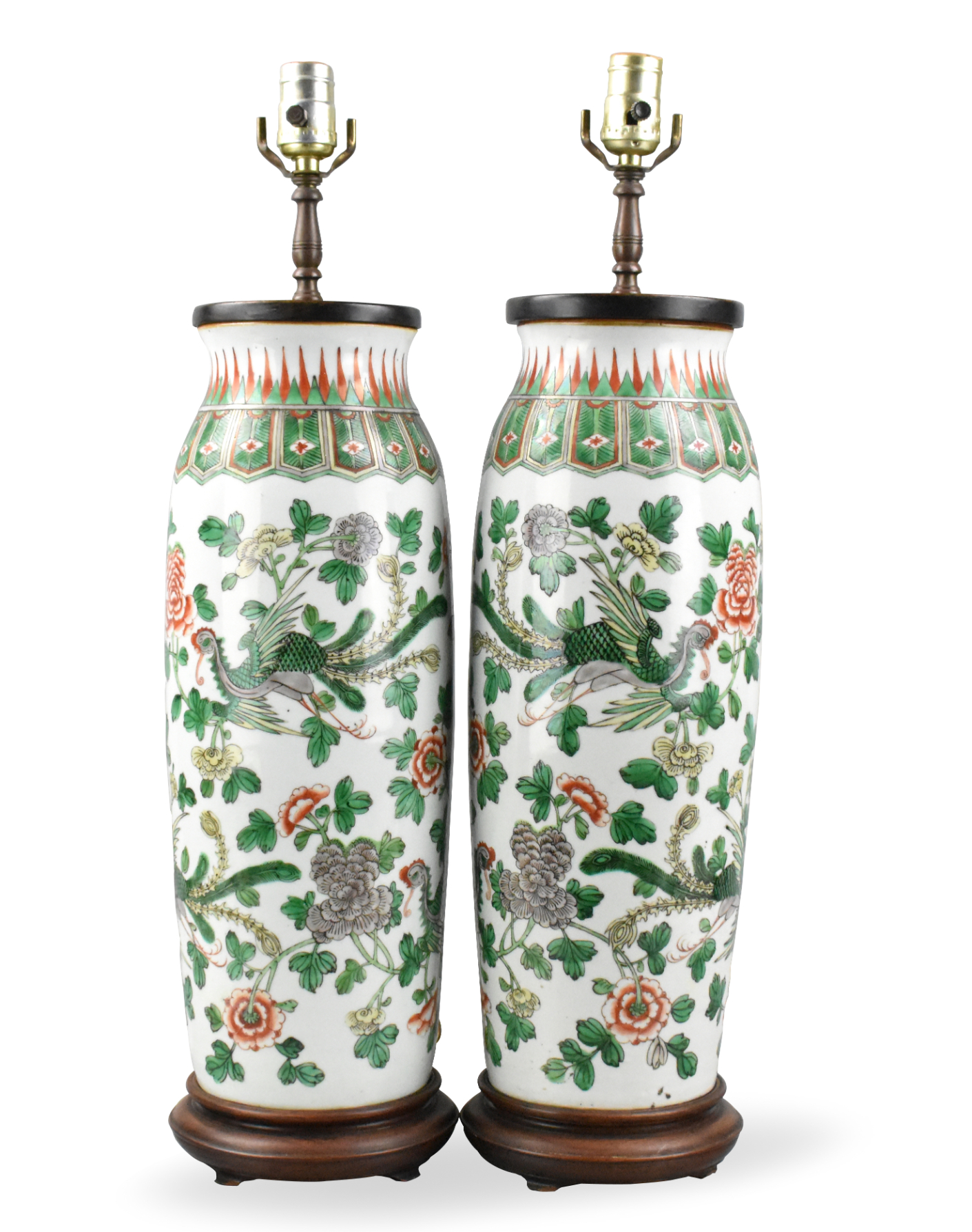 PAIR FAMILLE VERTE VASE W/ FLOWER &PHOENIX,19TH