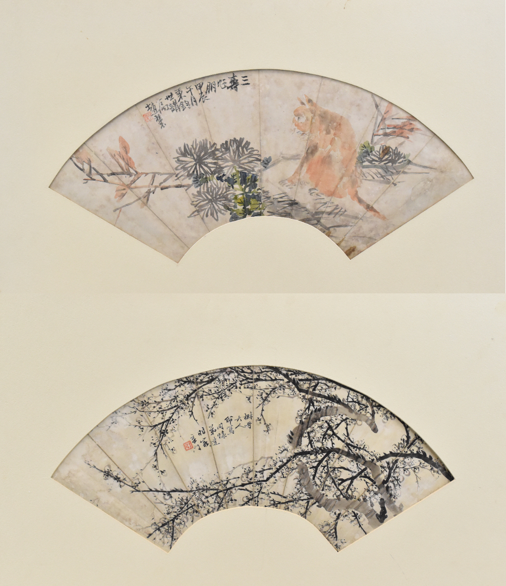 2 CHINESE FAN PAINTING OF CAT PLUM 33a13c