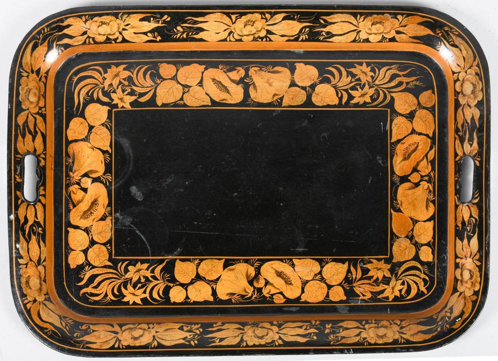 TOLE BLACK AND GOLD TRAY 19 X 26