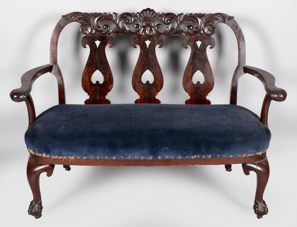 SETTEE WITH BLUE VELVET UPHOLSTERY