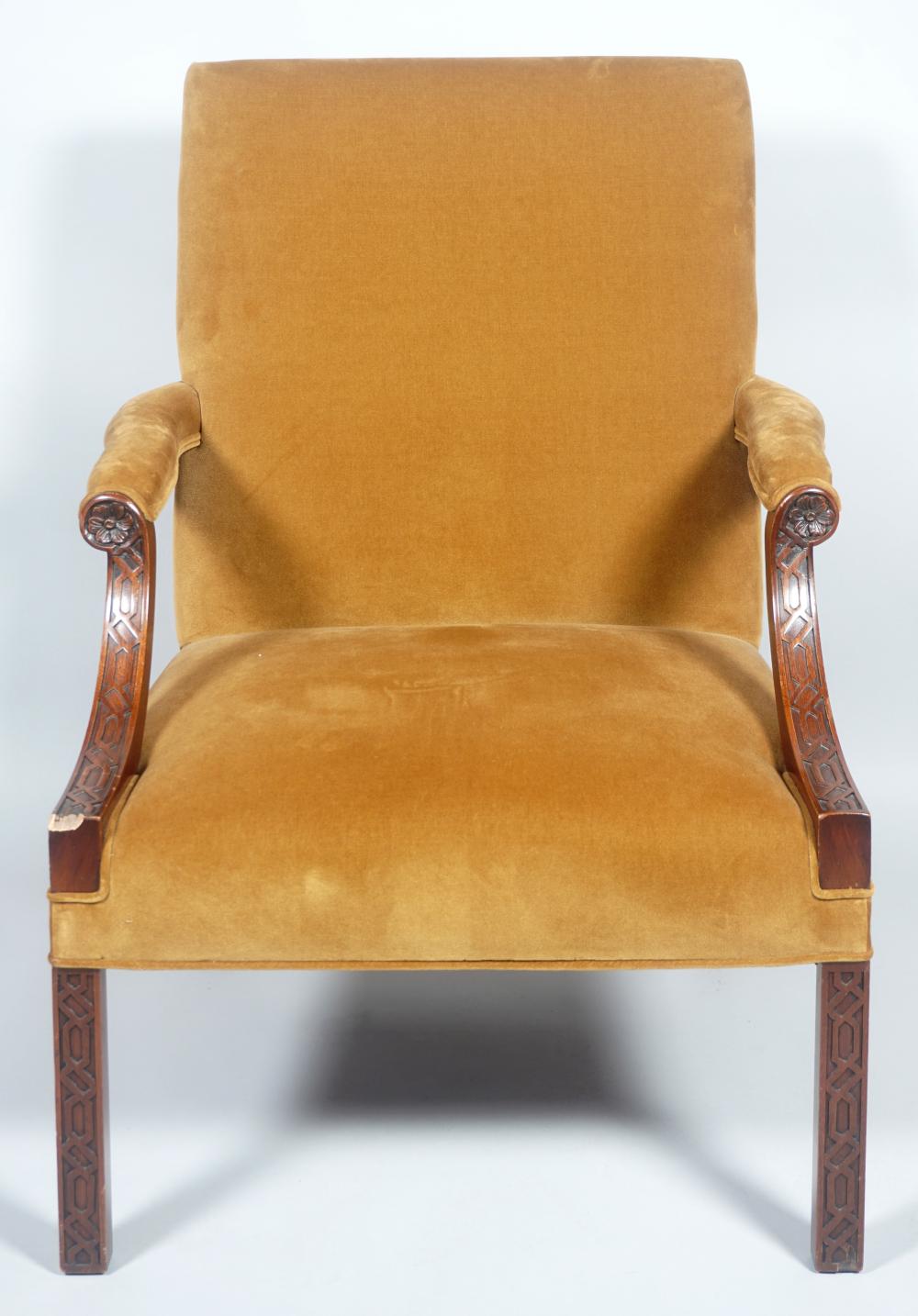 CHIPPENDALE STYLE UPHOLSTERED ARMCHAIR