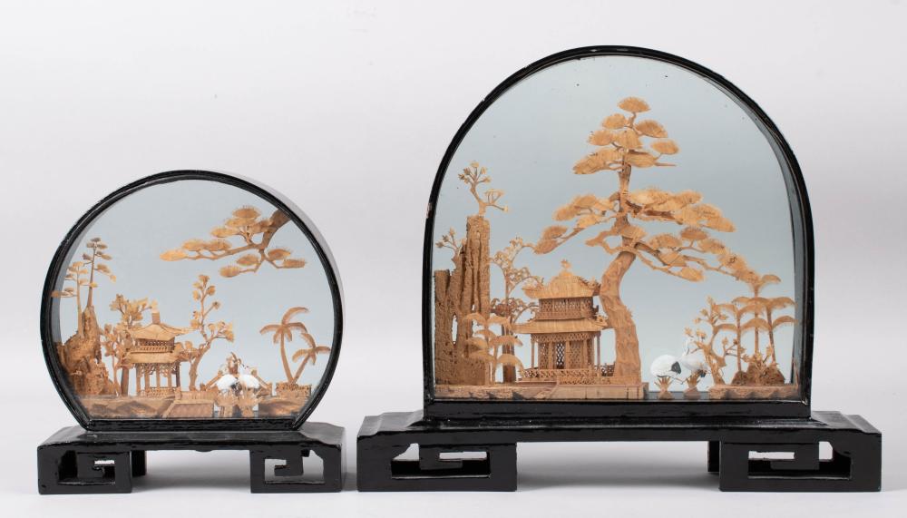 TWO CHINESE SOFTWOOD SHADOW BOXES,