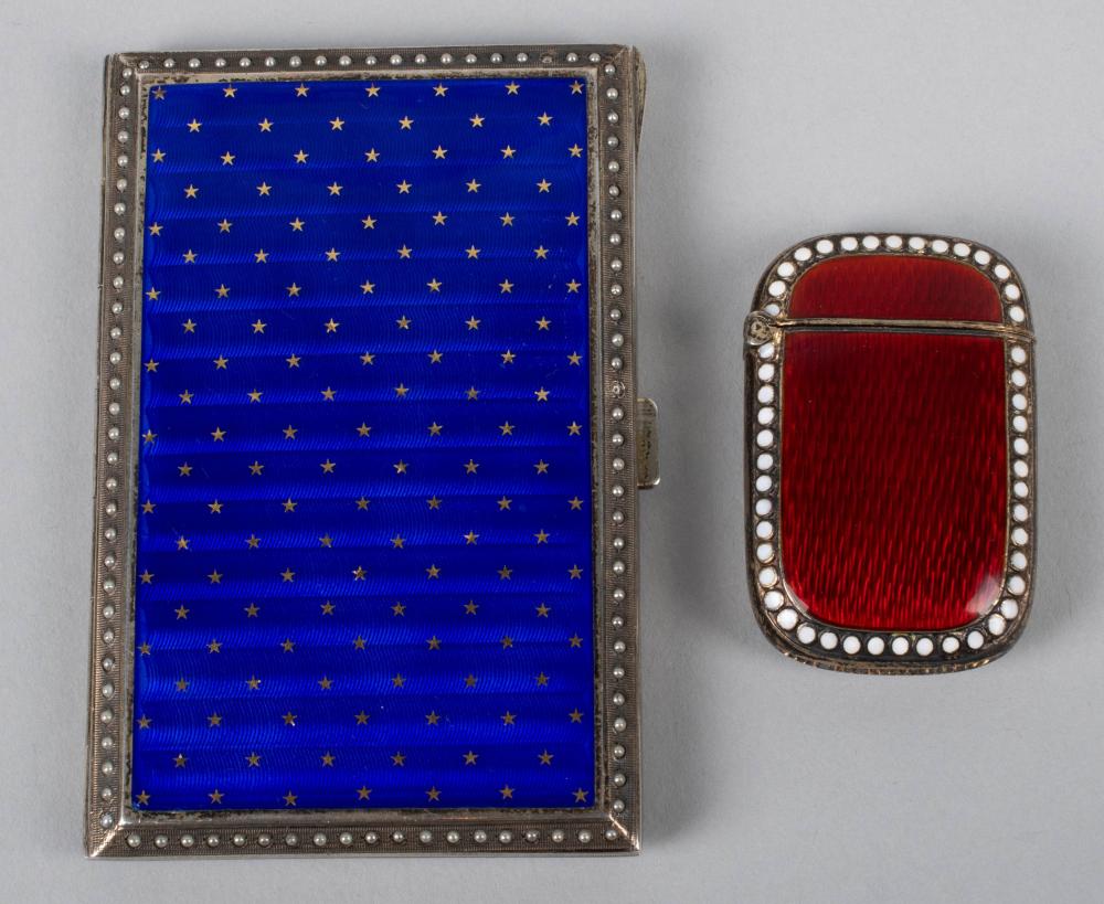 ENAMEL AND SILVER CIGARETTE CASE AND