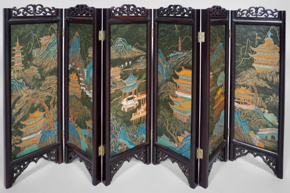 CHINESE PAINTED SPINACH JADE EIGHT-PANEL