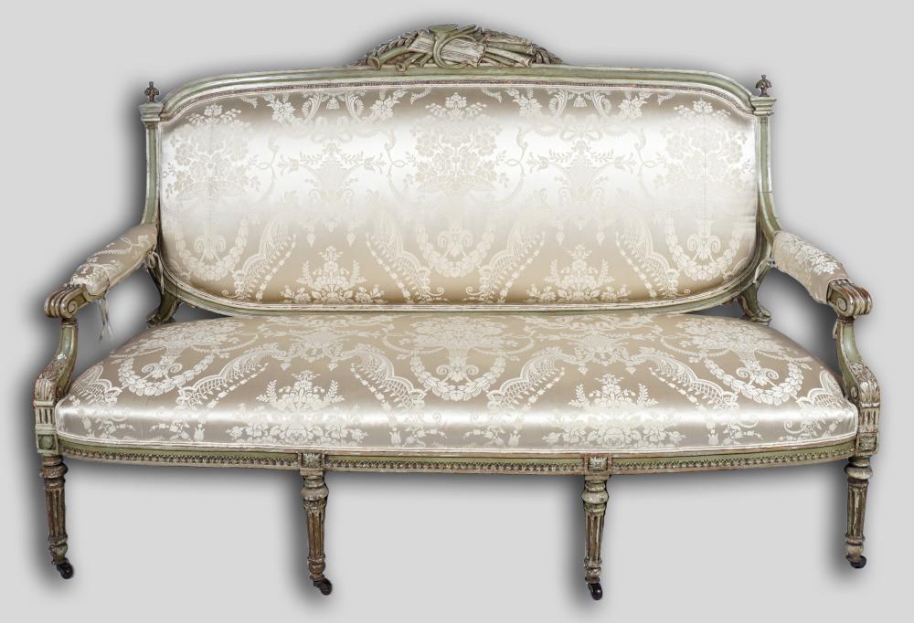 LOUIS XVI STYLE GREEN PAINTED SETTEE