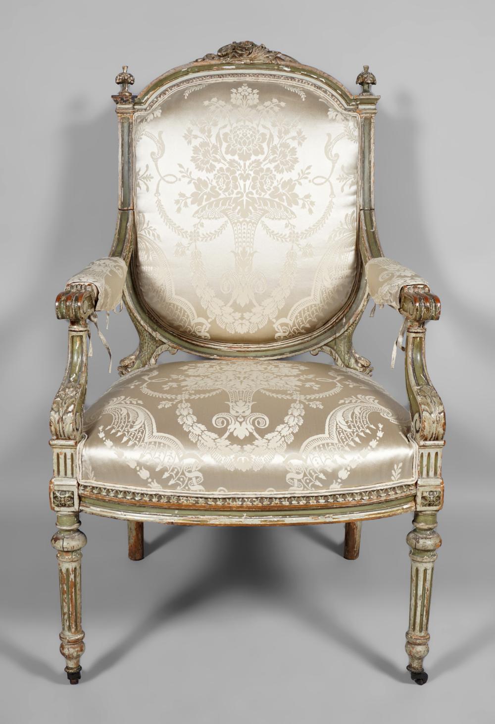 LOUIS XVI STYLE GREEN PAINTED FAUTEUIL