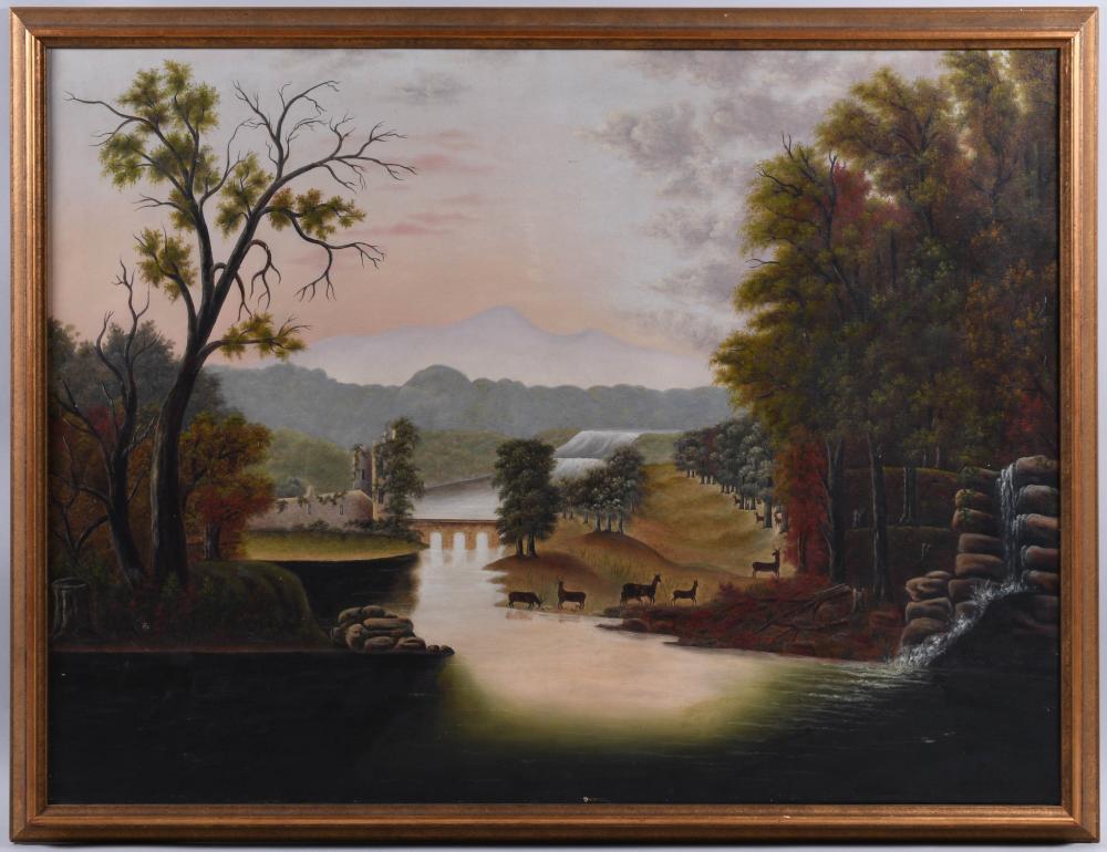 , LANDSCAPE WITH DEER CROSSING A RIVER,