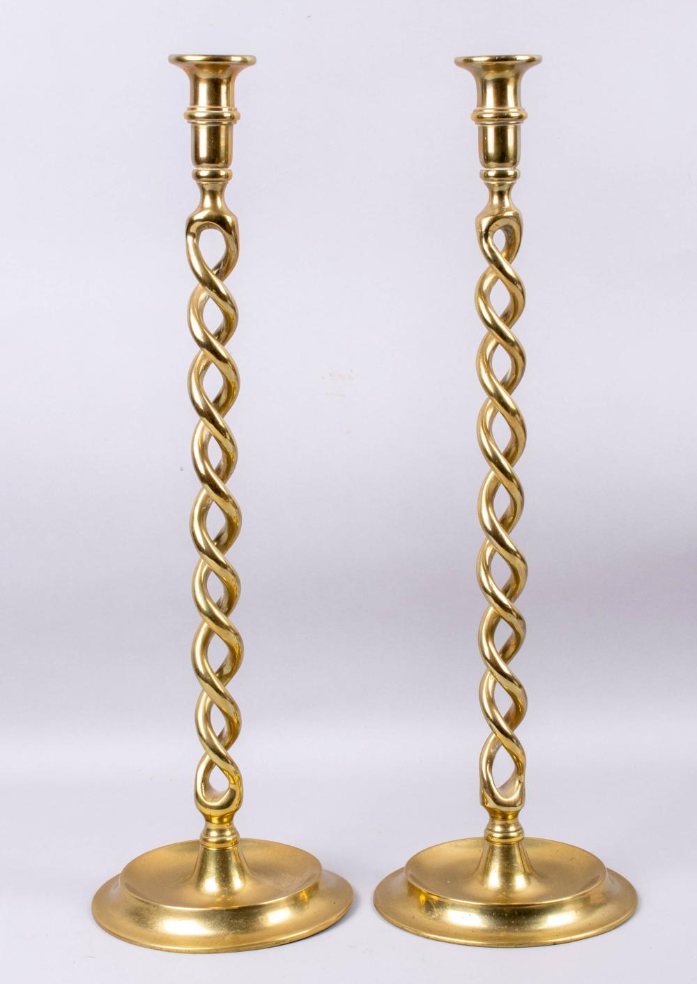 PAIR OF TALL BARLEY TWIST ENGLISH BRASS