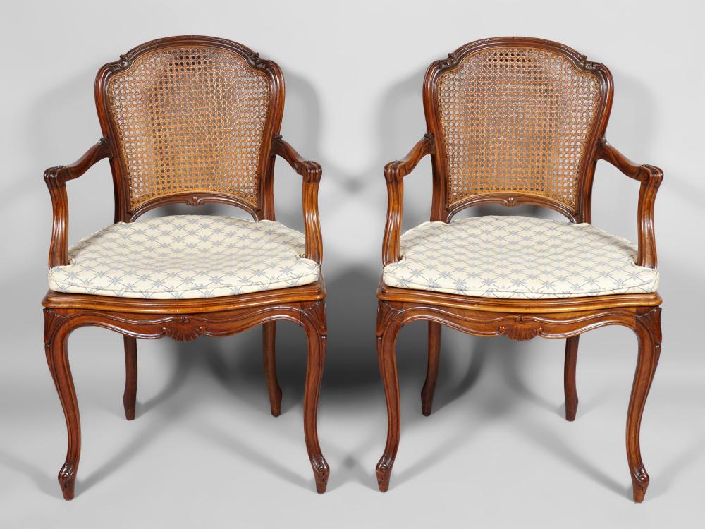 PAIR OF LOUIS XV STYLE WALNUT FAUTEUILS