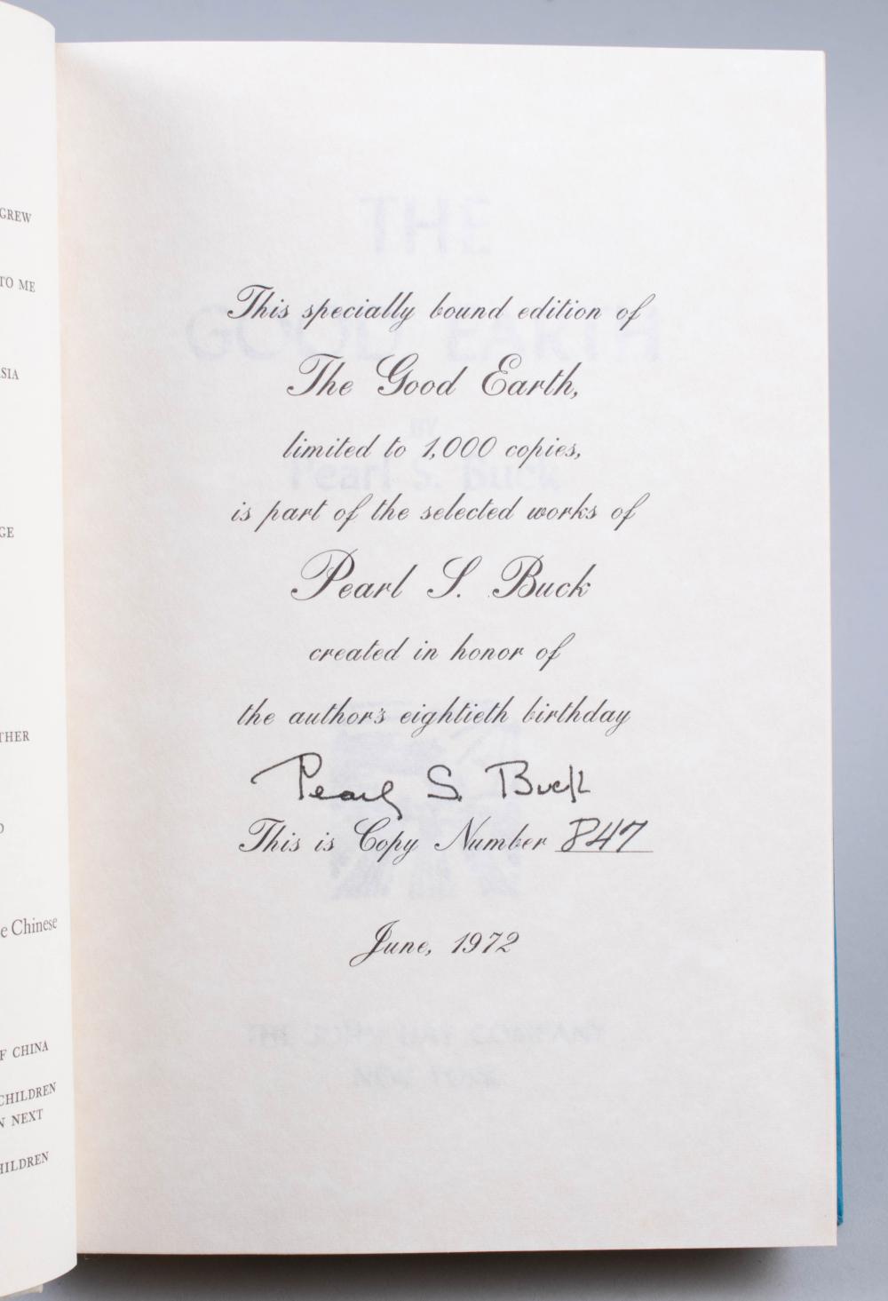 PEARL BUCK. THE GOOD EARTH. SIGNED