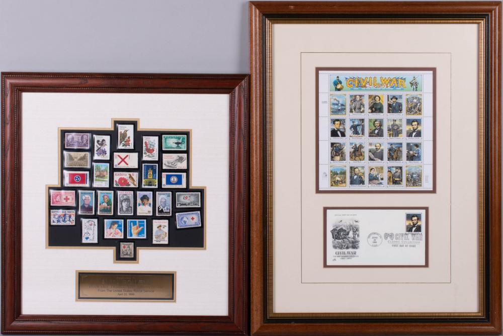 TWO FRAMED COMMEMORATIVE STAMPS, ONE