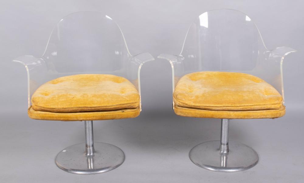 PAIR OF PLASTIC AND CHROME ARMCHAIRS,