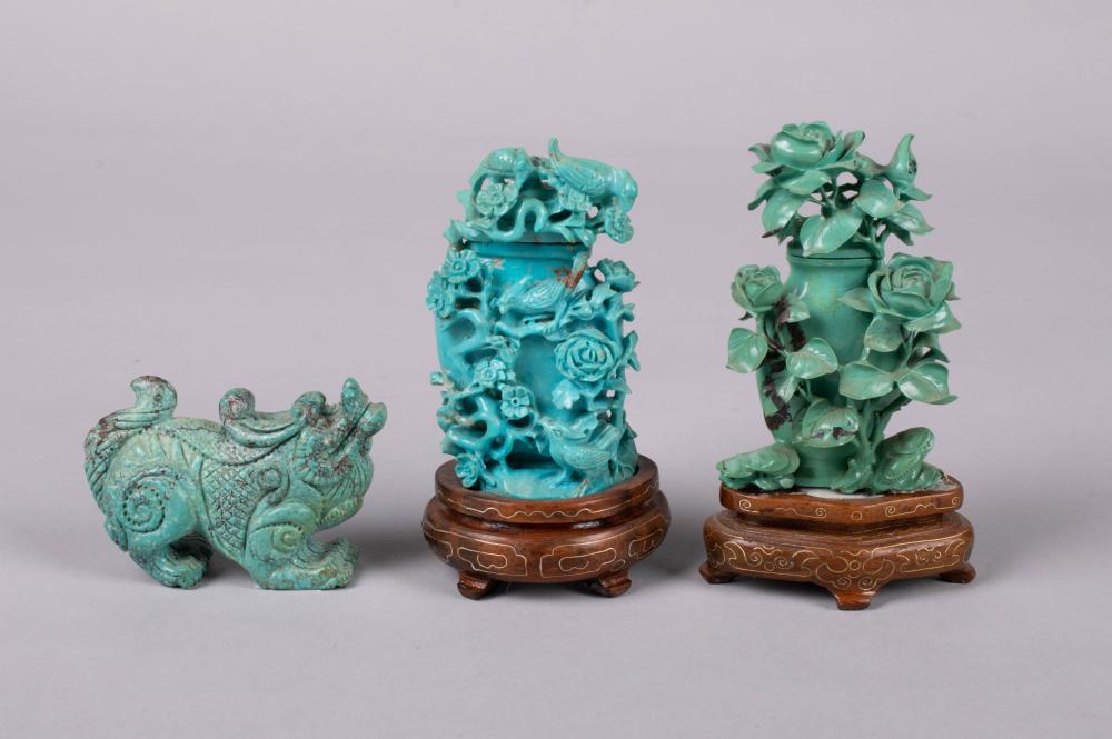 THREE CHINESE TURQUOISE CARVINGSTHREE