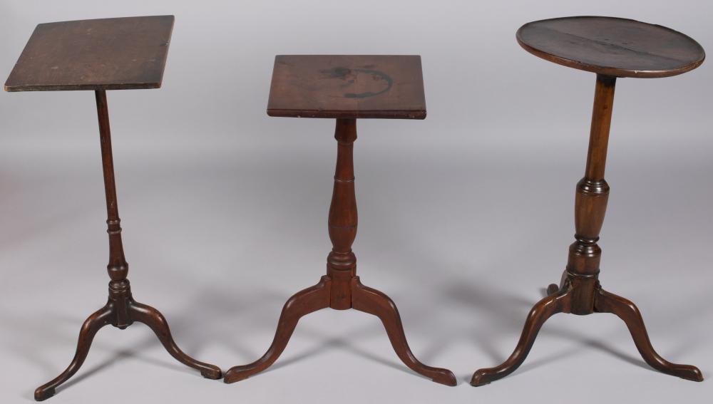 THREE SMALL QUEEN ANNE CANDLESTANDS,