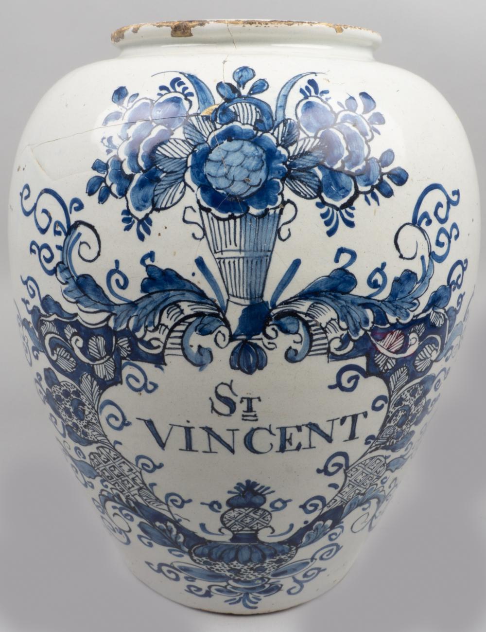 DELFT ST. VINCENT TOBACCO JAR, 18TH