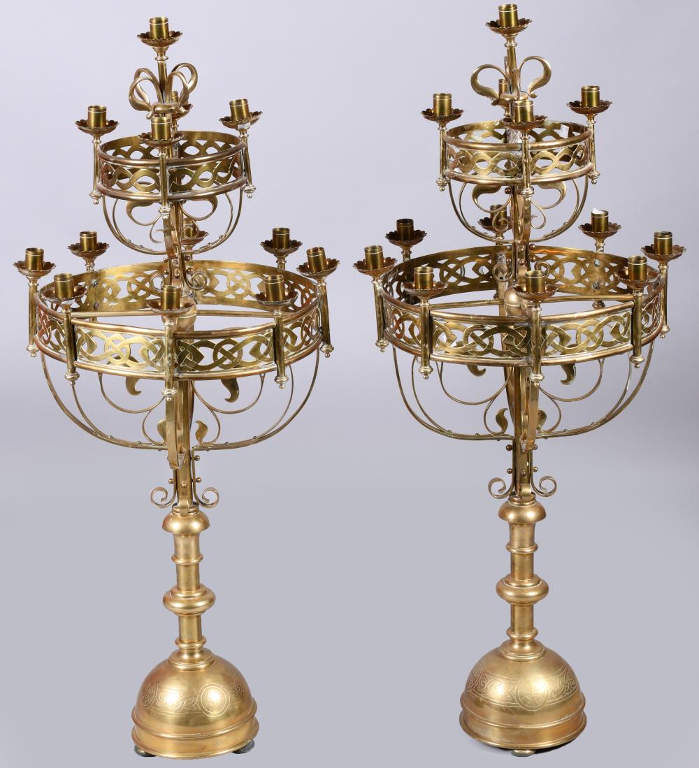 PAIR OF GOTHIC REVIVAL BRASS STANDING