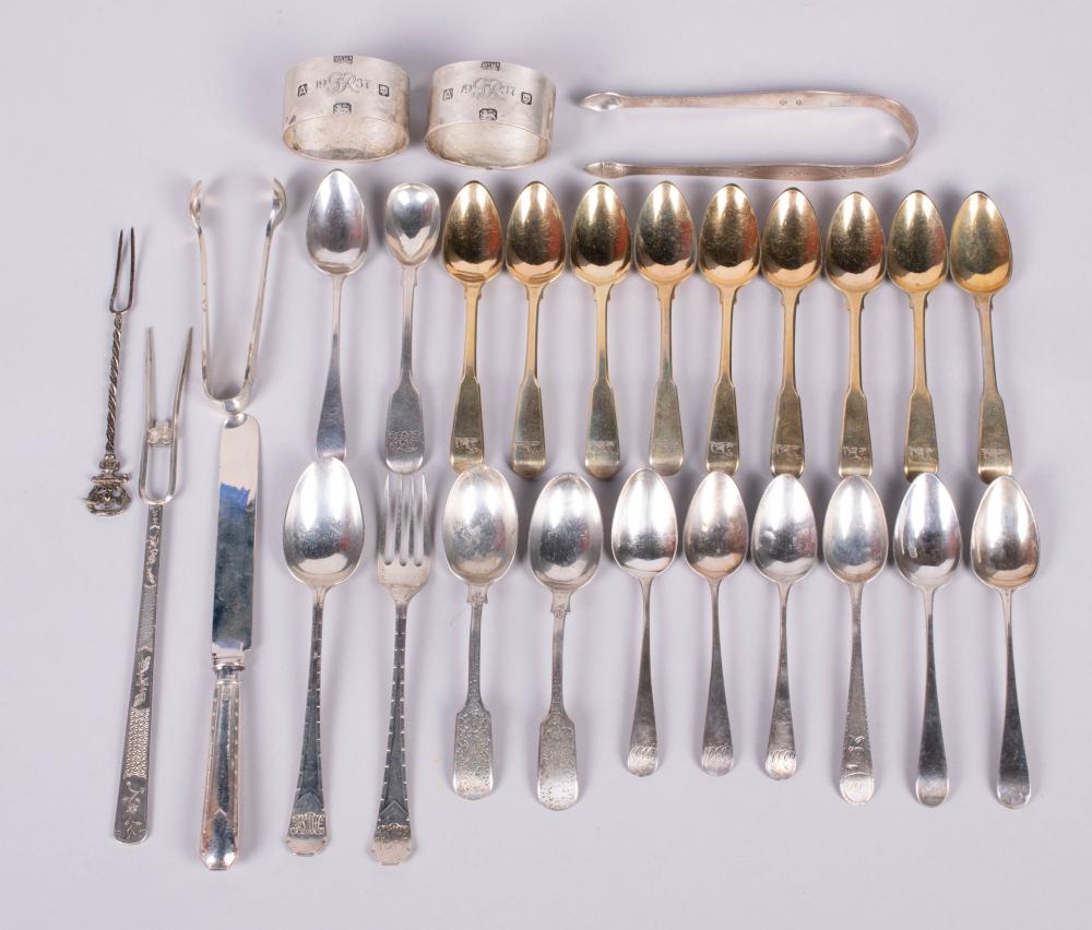 GROUP OF ENGLISH SILVER FLATWARE AND