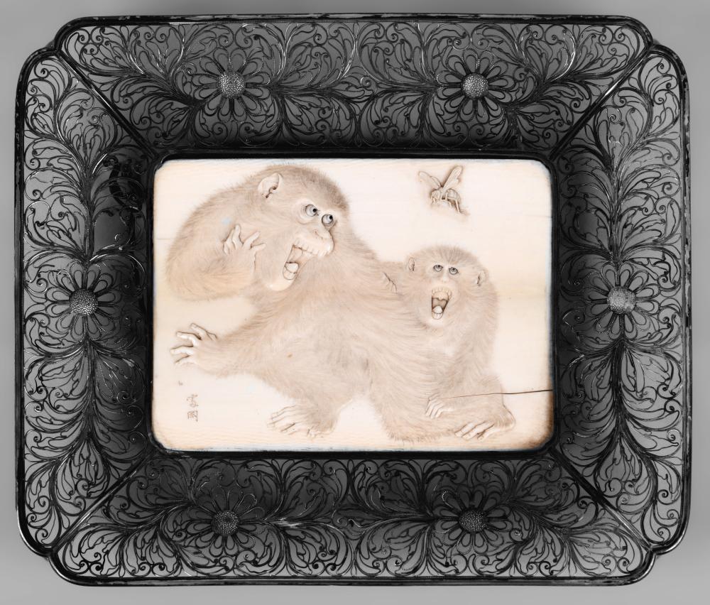 JAPANESE PLAQUE CARVED WITH MONKEYS,