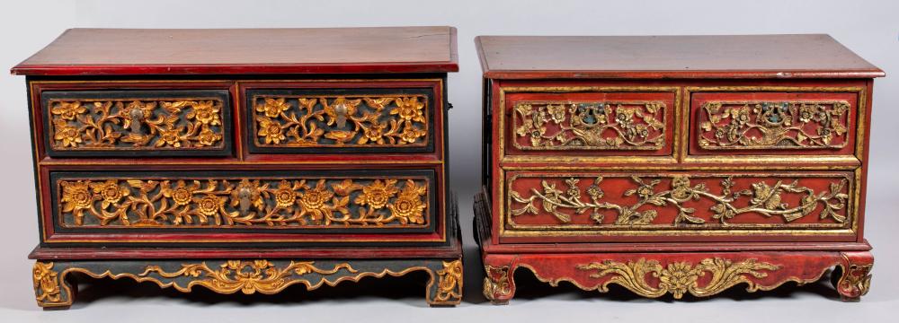 TWO JAVANESE PARCEL-GILT RED PAINTED