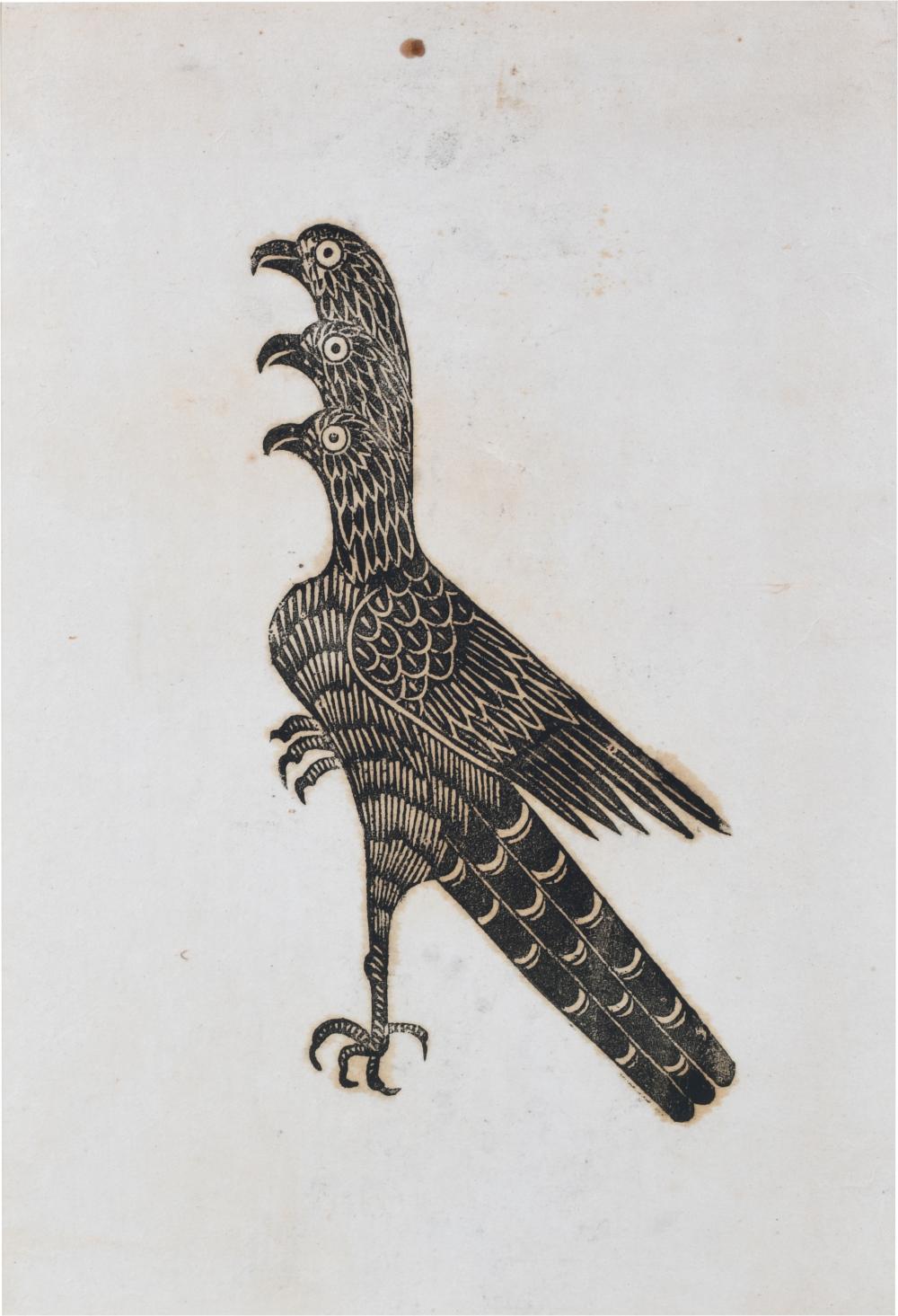 THREE HEADED HAWK, WOODBLOCK PRINT,