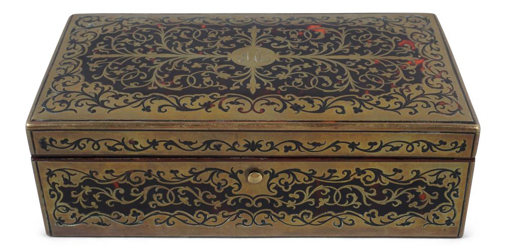 BOULLE WORK BOX, FITTED AS LEATHER