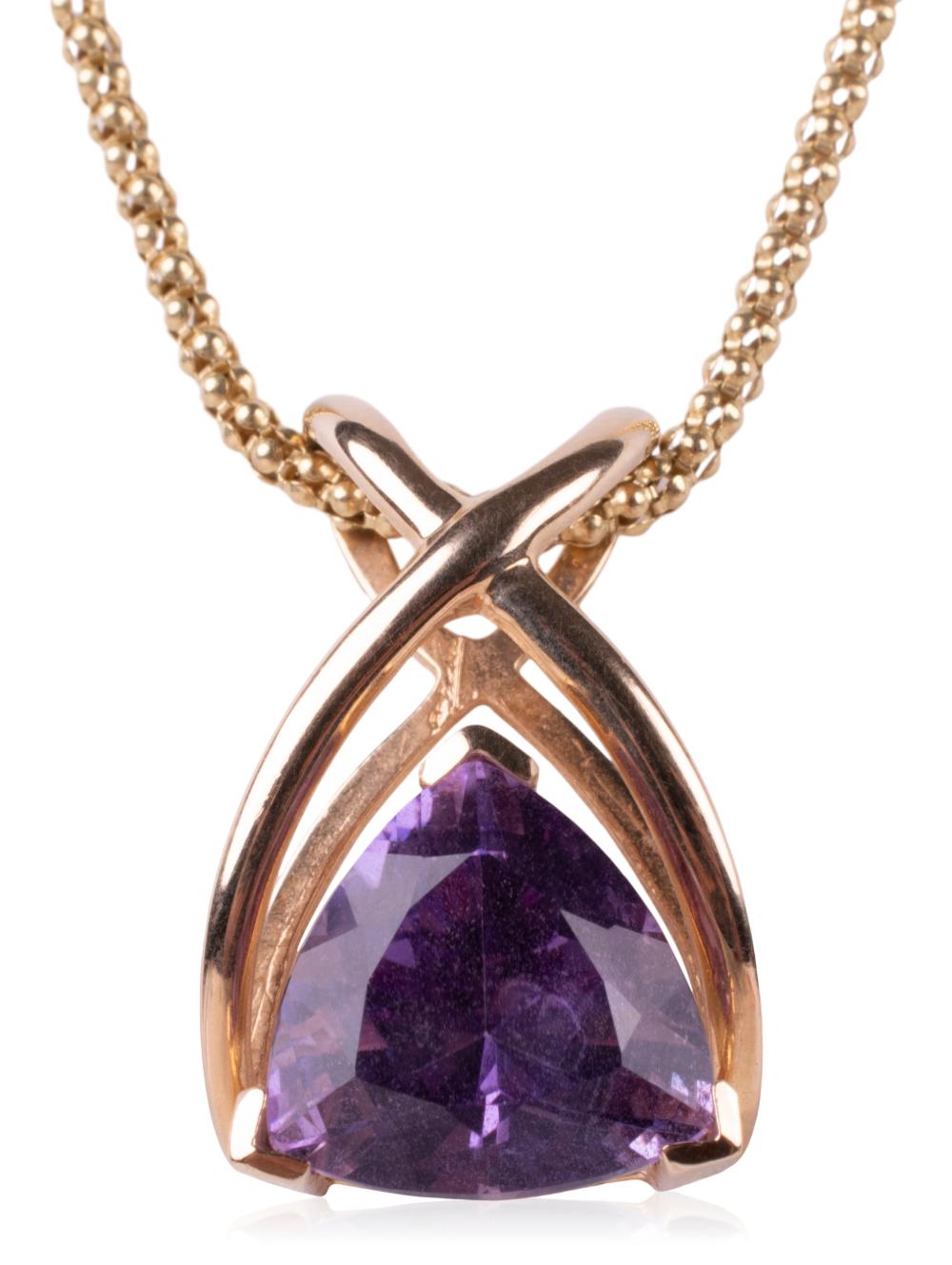 14K YELLOW GOLD TRILLION CUT AMETHYST