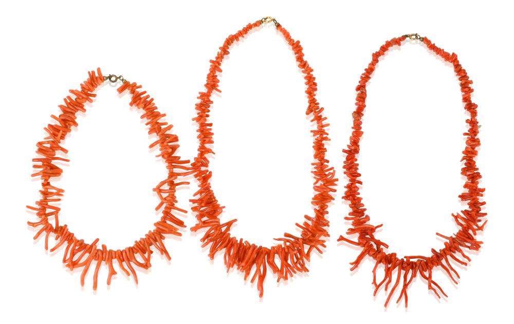 THREE VINTAGE CORAL BRANCH NECKLACESTHREE