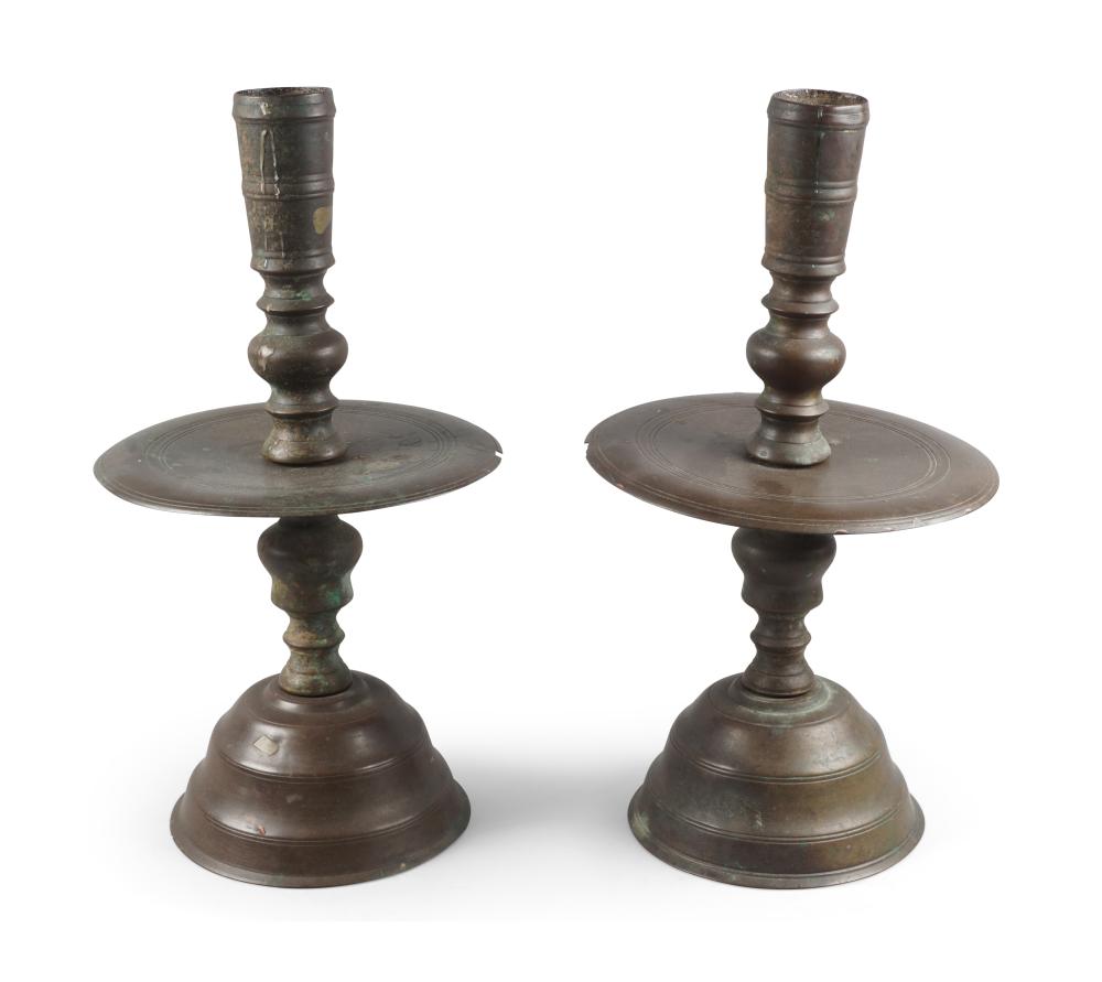 PAIR OF EARLY BRASS CANDLESTICKS,