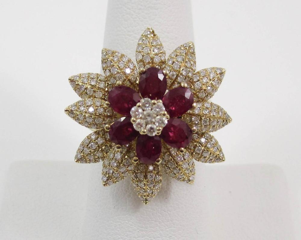 RUBY AND DIAMOND FLOWER MOTIF RING,