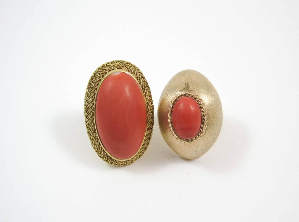 TWO CORAL AND YELLOW GOLD RINGS,