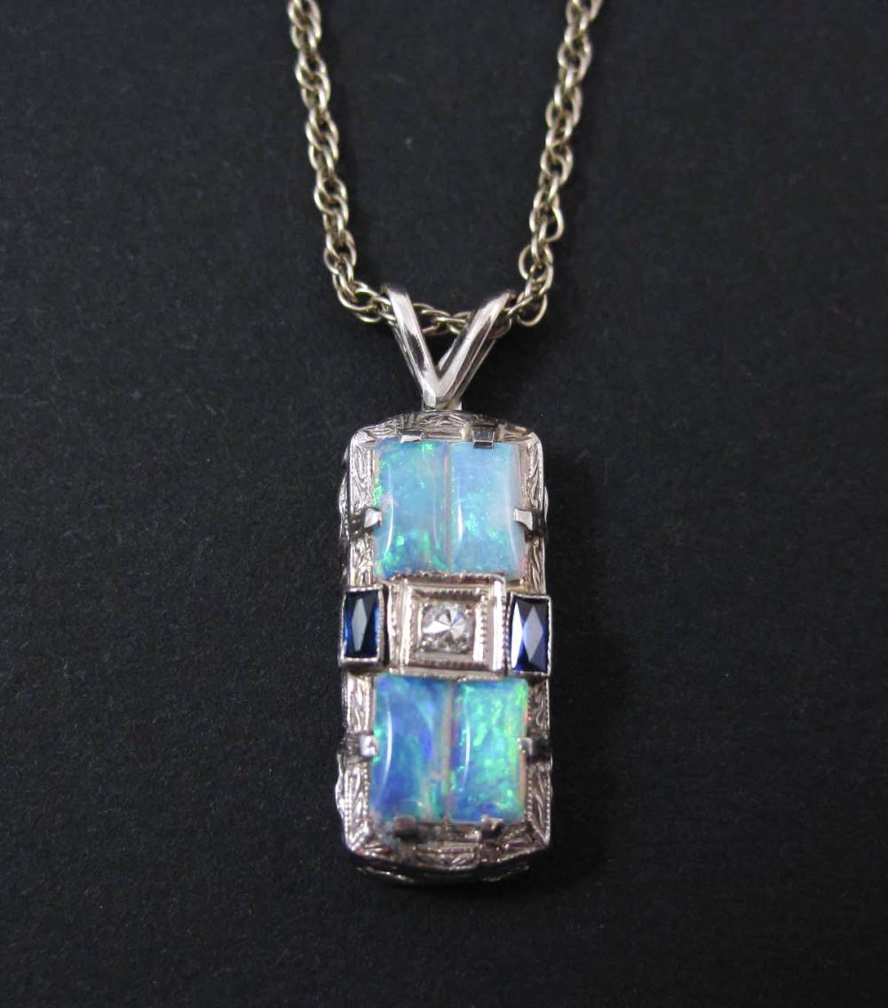 OPAL, SAPPHIRE AND DIAMOND PENDANT