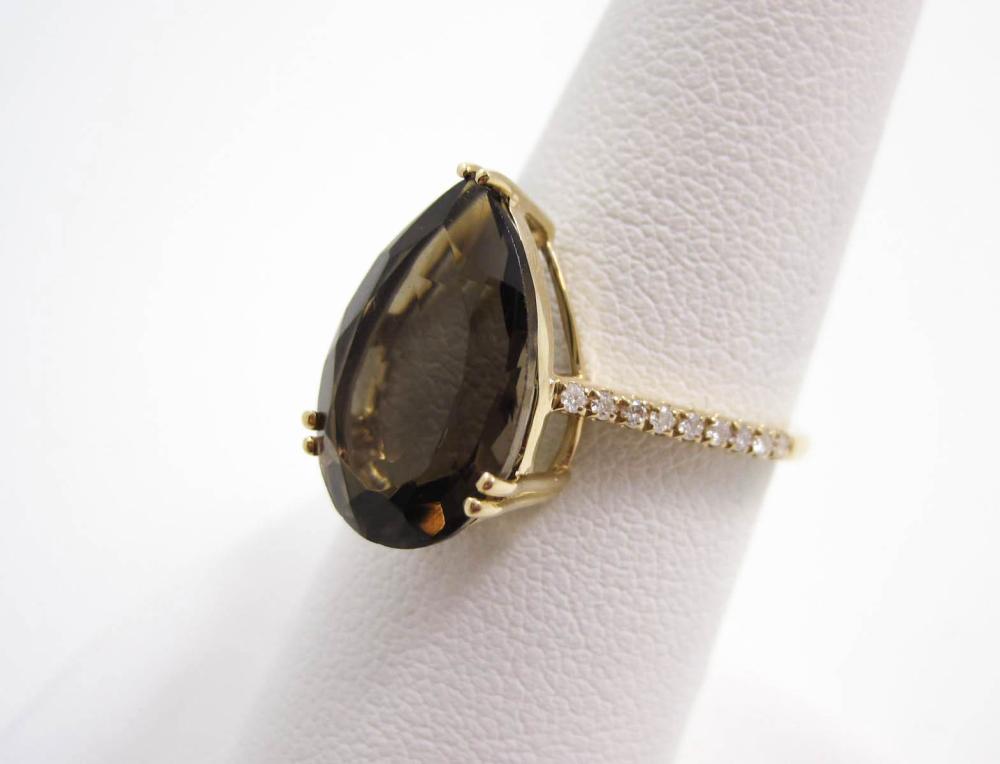 SMOKY QUARTZ, DIAMOND AND FOURTEEN KARAT