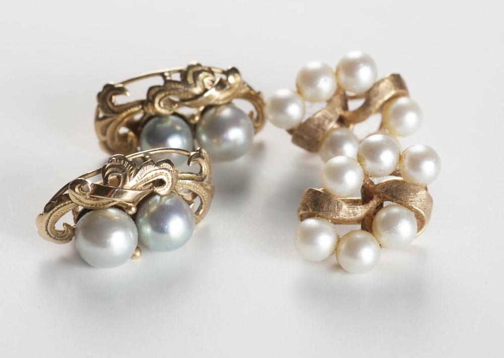 TWO PAIRS OF PEARL AND YELLOW GOLD