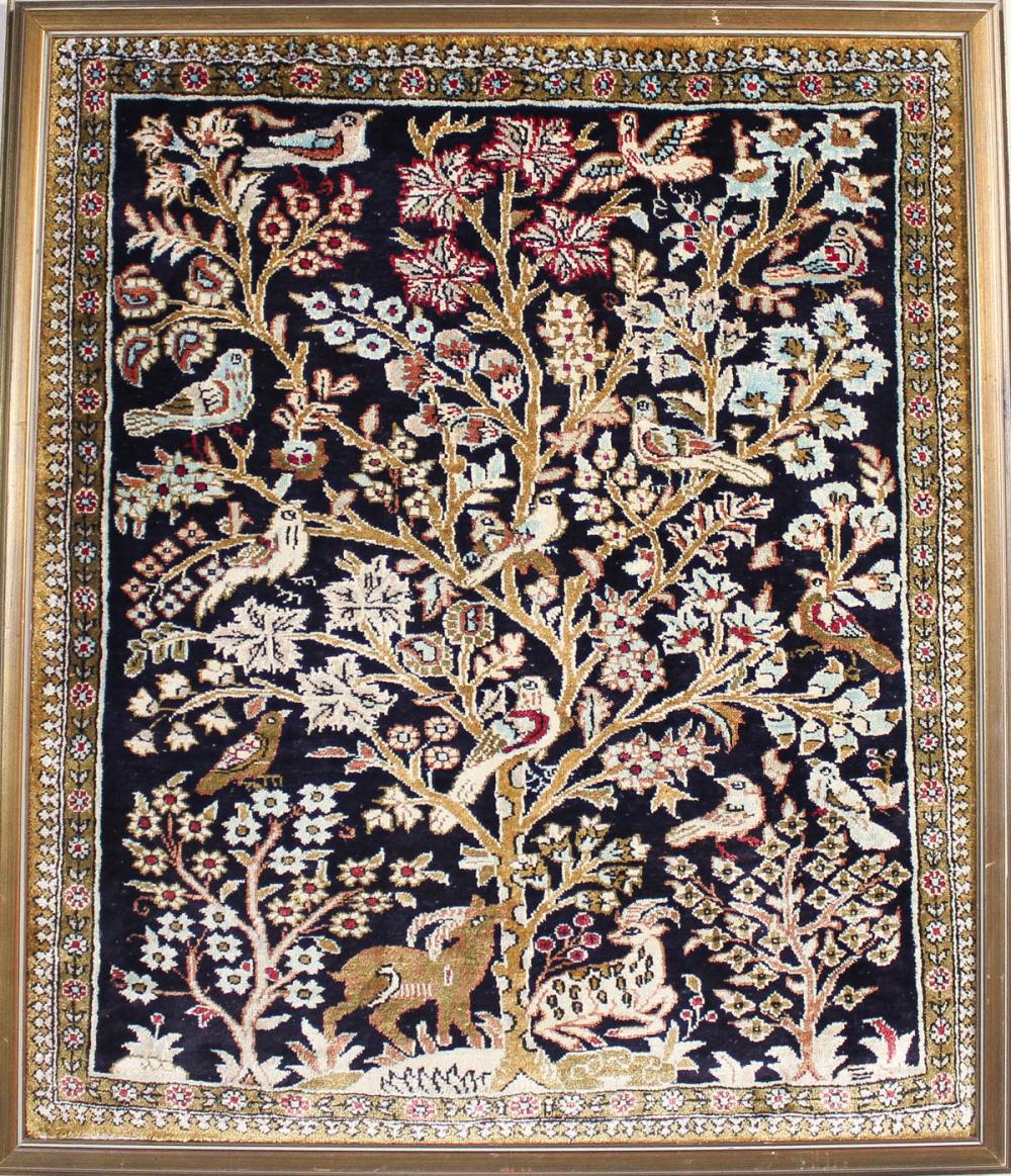 FRAMED PERSIAN SILK QUM WALL RUG,