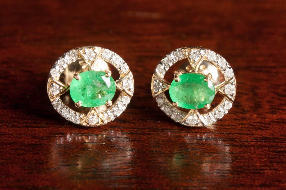 PAIR OF DIAMOND, EMERALD AND FOURTEEN