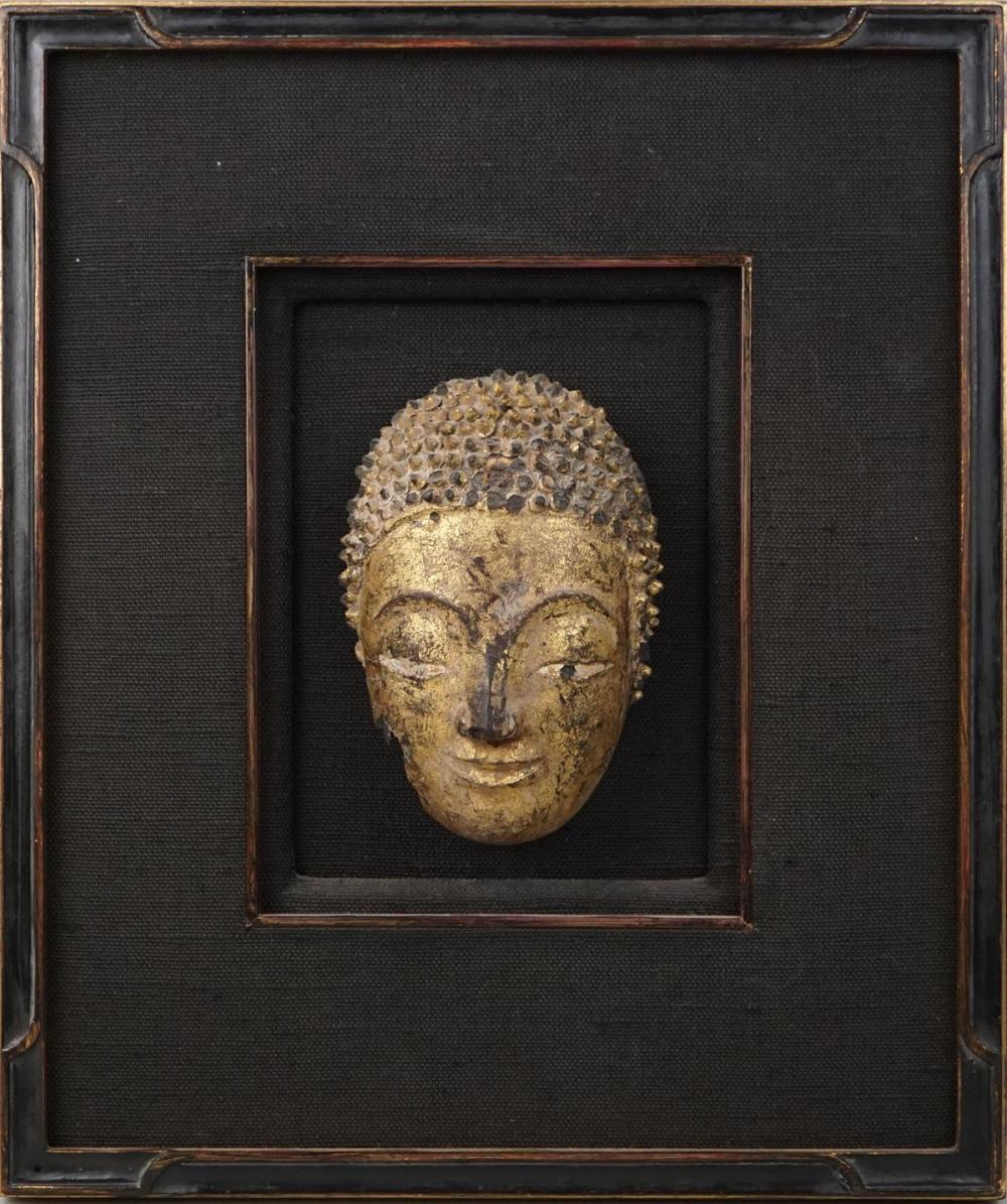 THAI CARVED GILTWOOD MASK OF BUDDHA,