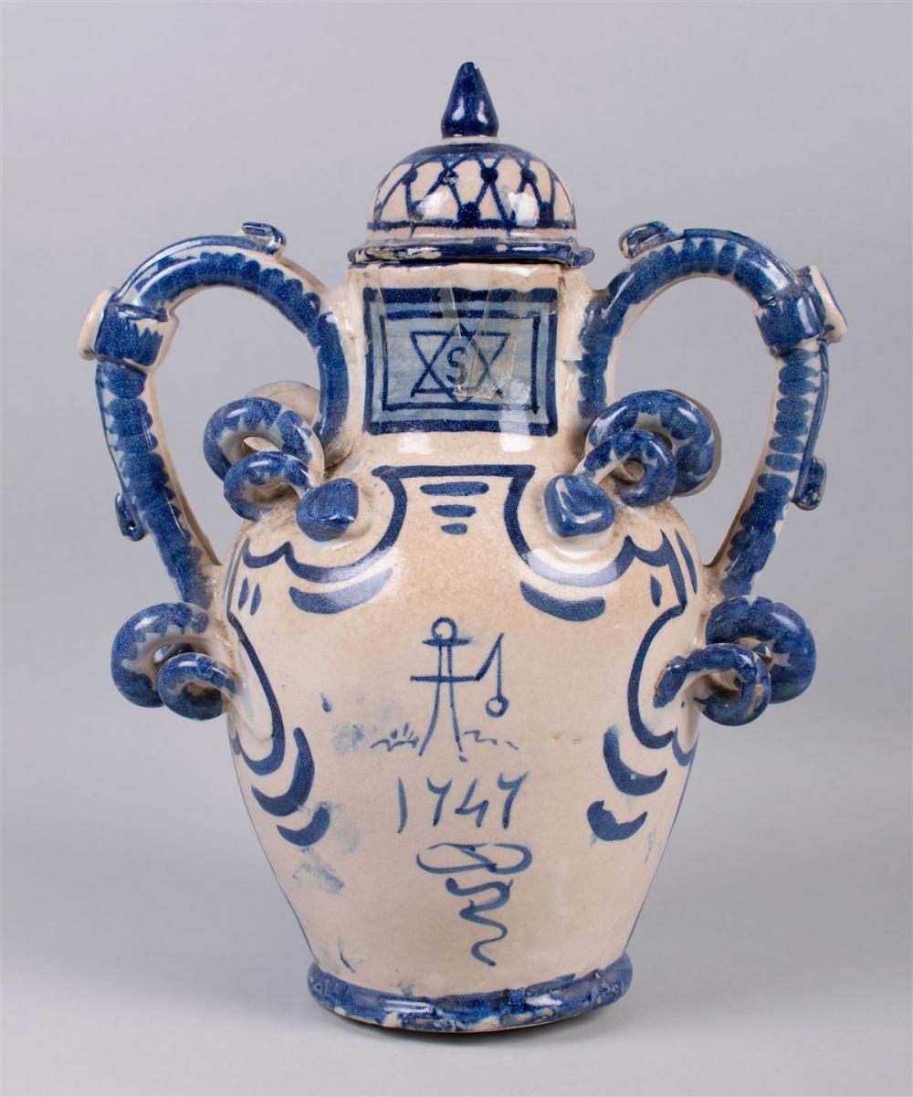 BLUE DECORATED GLAZED POTTERY TWO-HANDLED
