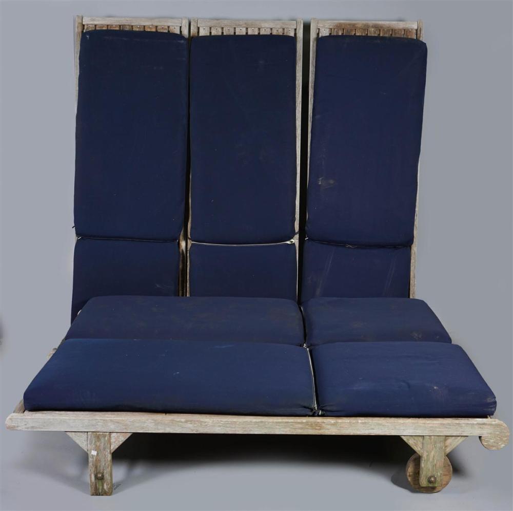 FIVE WOODEN CHAISE LONGUES WITH