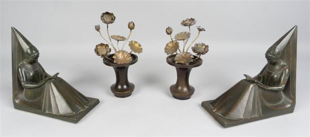 BOOKENDS AND CHINESE BRASS VASES