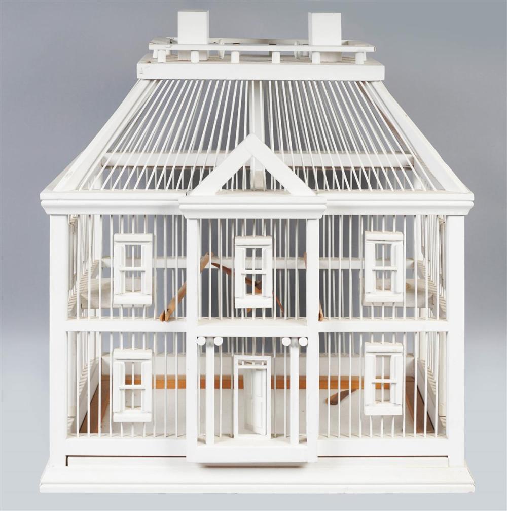 WOODEN BIRDCAGE IN THE FORM OF A HOUSEWOODEN