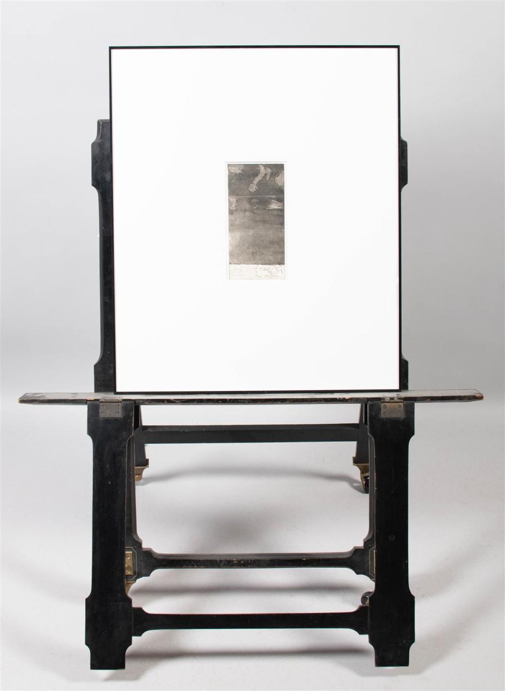 WOODEN EASEL WITH FRAMED ABSTRACT WORKWOODEN