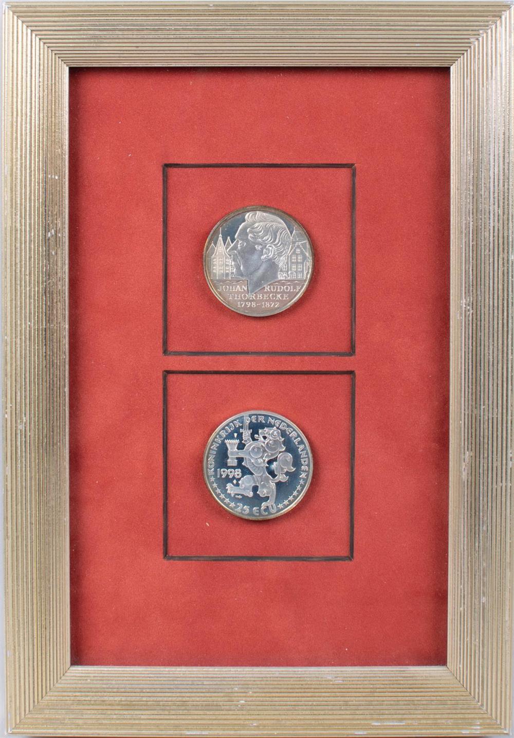 TWO FRAMED DUTCH 25 ECU COINS OF 33c44d