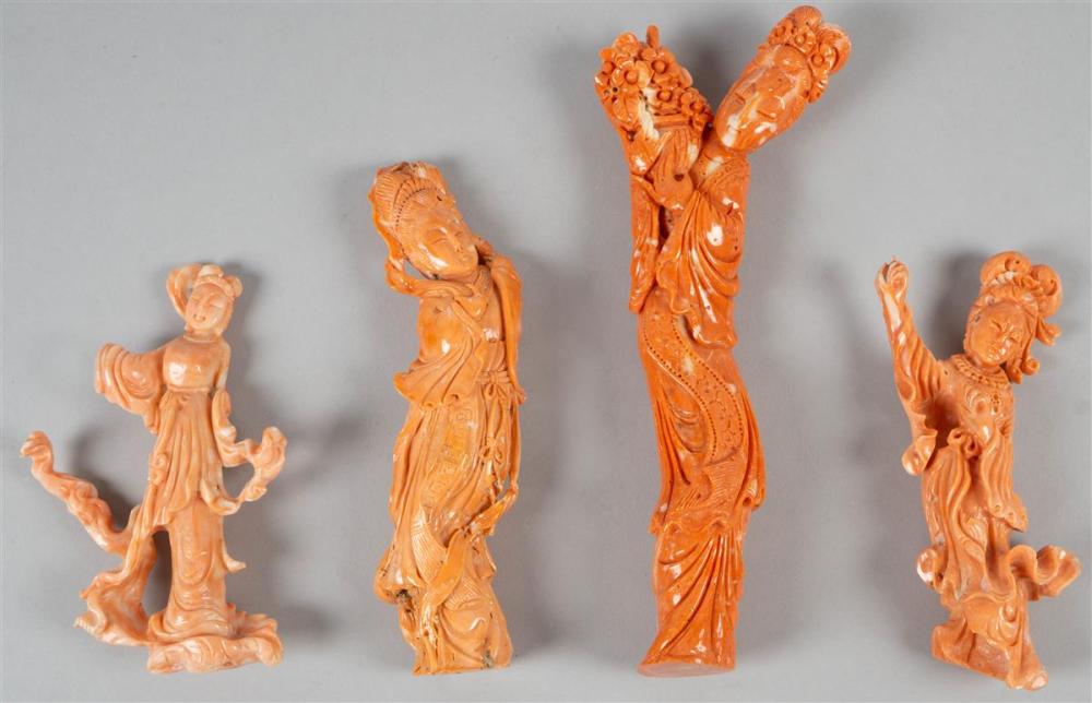 FOUR CHINESE CORAL FIGURES OF MEIREN