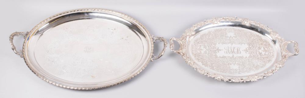 TWO SILVERPLATED TWO-HANDLED OVAL