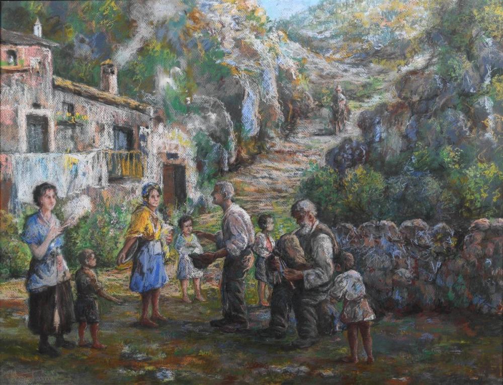 HEROT-- , VILLAGE SCENE, PASTEL