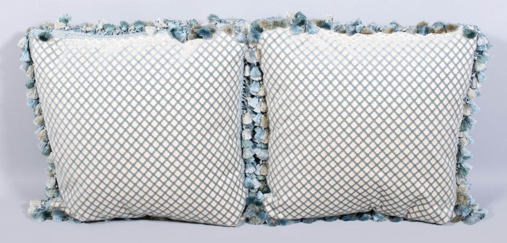 PAIR OF BLUE AND CREAM VELVET CUSHIONS