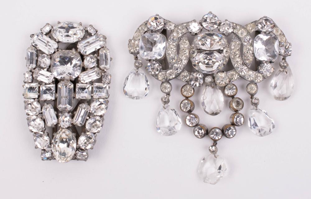 TWO LARGE CLEAR RHINESTONE CLIP/BROOCHESTWO