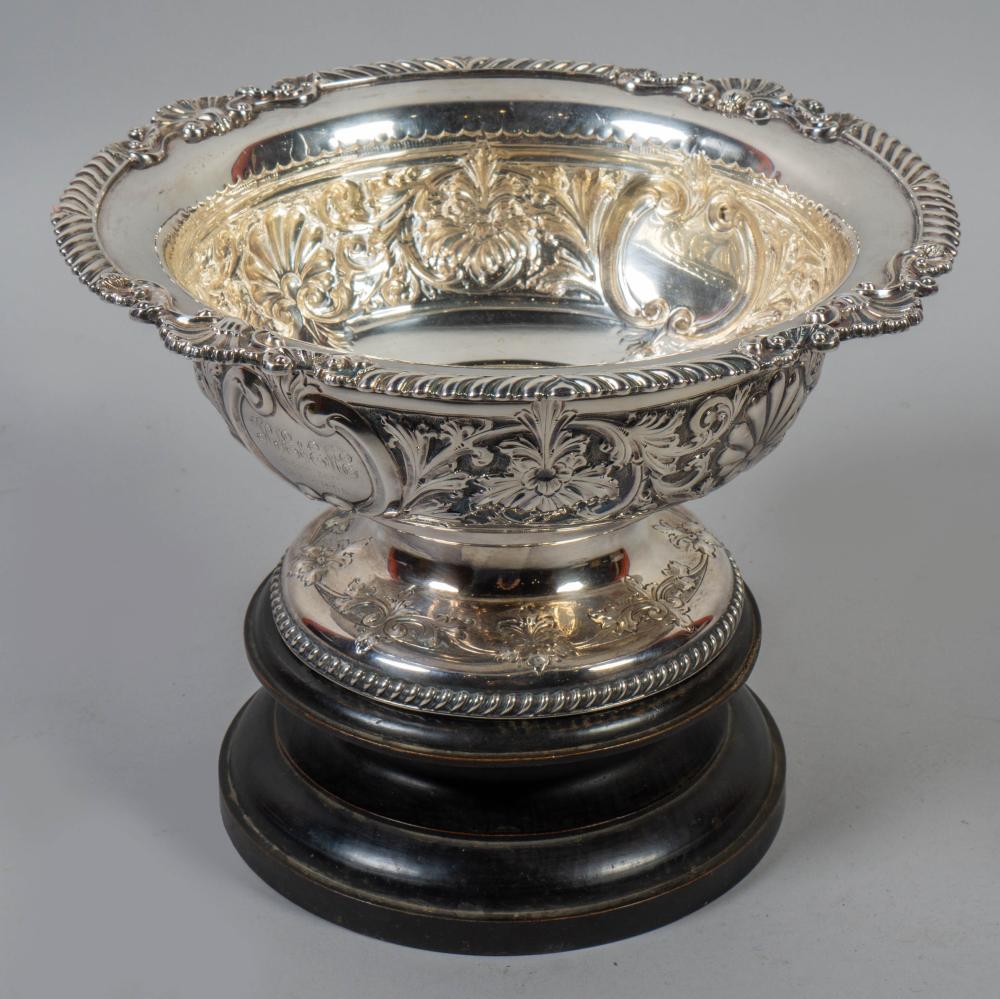 ENGLISH SILVERPLATED PUNCH BOWL ON WOOD