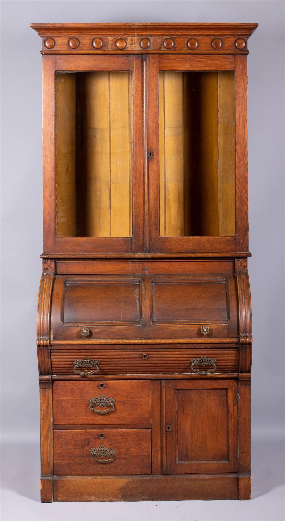 VICTORIAN OAK CYLINDER BUREAU BOOKCASE  33c921