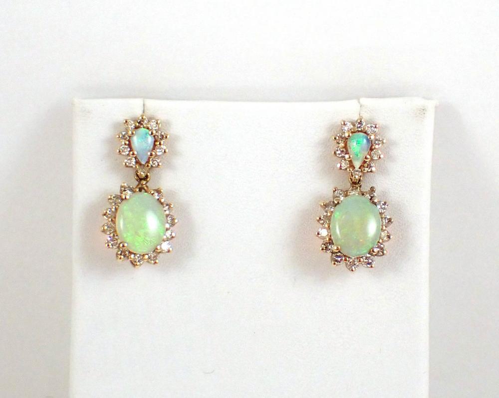 PAIR OF DIAMOND, OPAL AND FOURTEEN